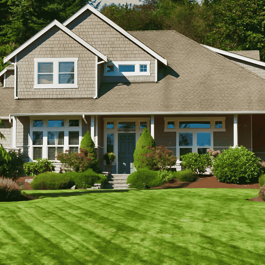 Two-story home with a manicured green front lawn, trimmed shrubs, and stone walkway