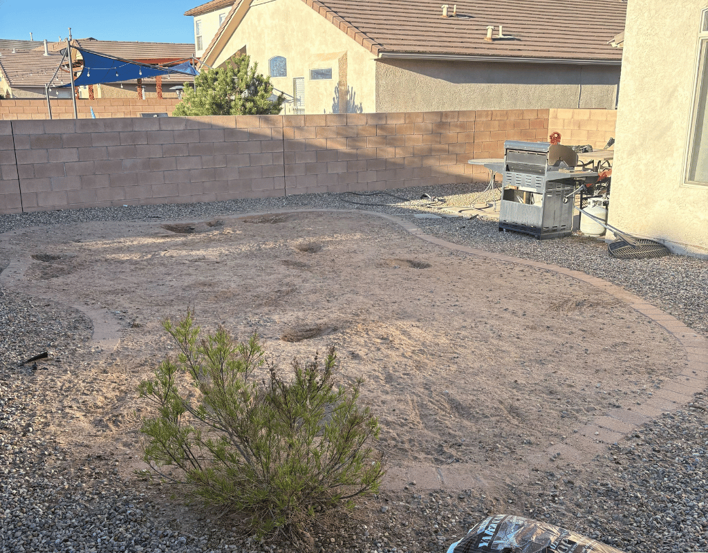 Bare dirt backyard with patchy dead grass, gravel border, and block wall before sodding