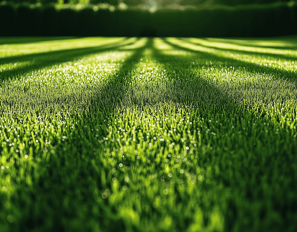 Close-up of dew-covered grass showing crisp mowing stripes and shadow patterns