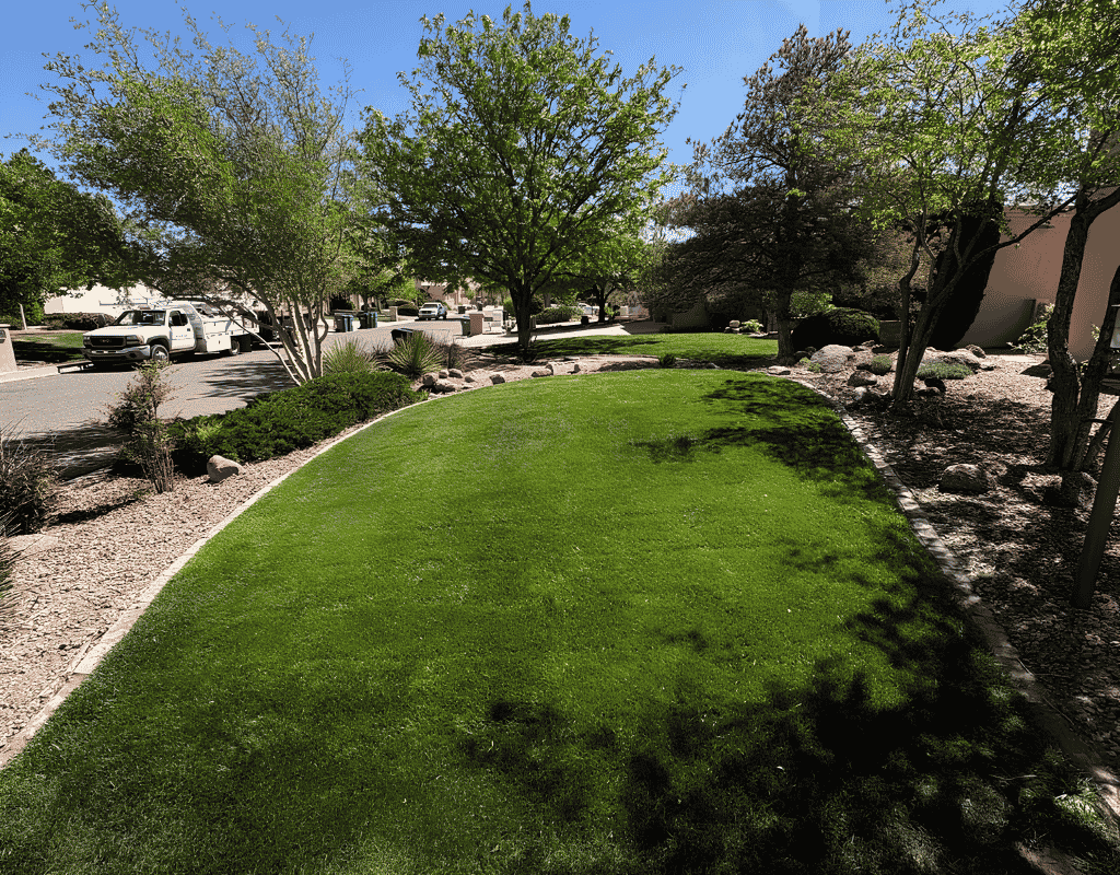 Green lawn bordered by rock edging, mulch beds, and mature trees near a parking area